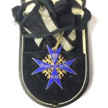 Reproduction WW1 Imperial German Pour Le Merite "Blue Max". In case with ribbon with neck ties.
