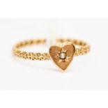 A Victorian 9ct rose gold ring, the heart shape set with a small seed pearl,