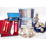 A set of plated silver tableware, to include (in original boxes) fish knife and fork, sauce boat,