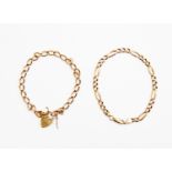 Two 9ct gold link bracelets, comprising a figaro link version and an open chain link version,