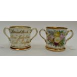 Two Victorian Staffordshire twin handled loving cups,