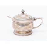 Mappin & Webb Sheffield, 1955, silver mustard pot with blue glass liner and silver spoon,