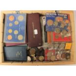 A box of coins includes Proof Sets 1970, 1974, 1978, 1979, including sets 1983, 1984,