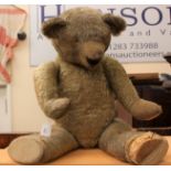 Mohair Teddy bear, possibly Chad Valley, well loved, missing eyes,