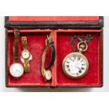 A jewellery box containing a rose metal 1930's watch along with a white metal pocket watch and two