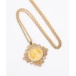 A Victoria 1892 22 ct gold Sovereign pendant, fitted in a 9 ct gold engine turned mount,