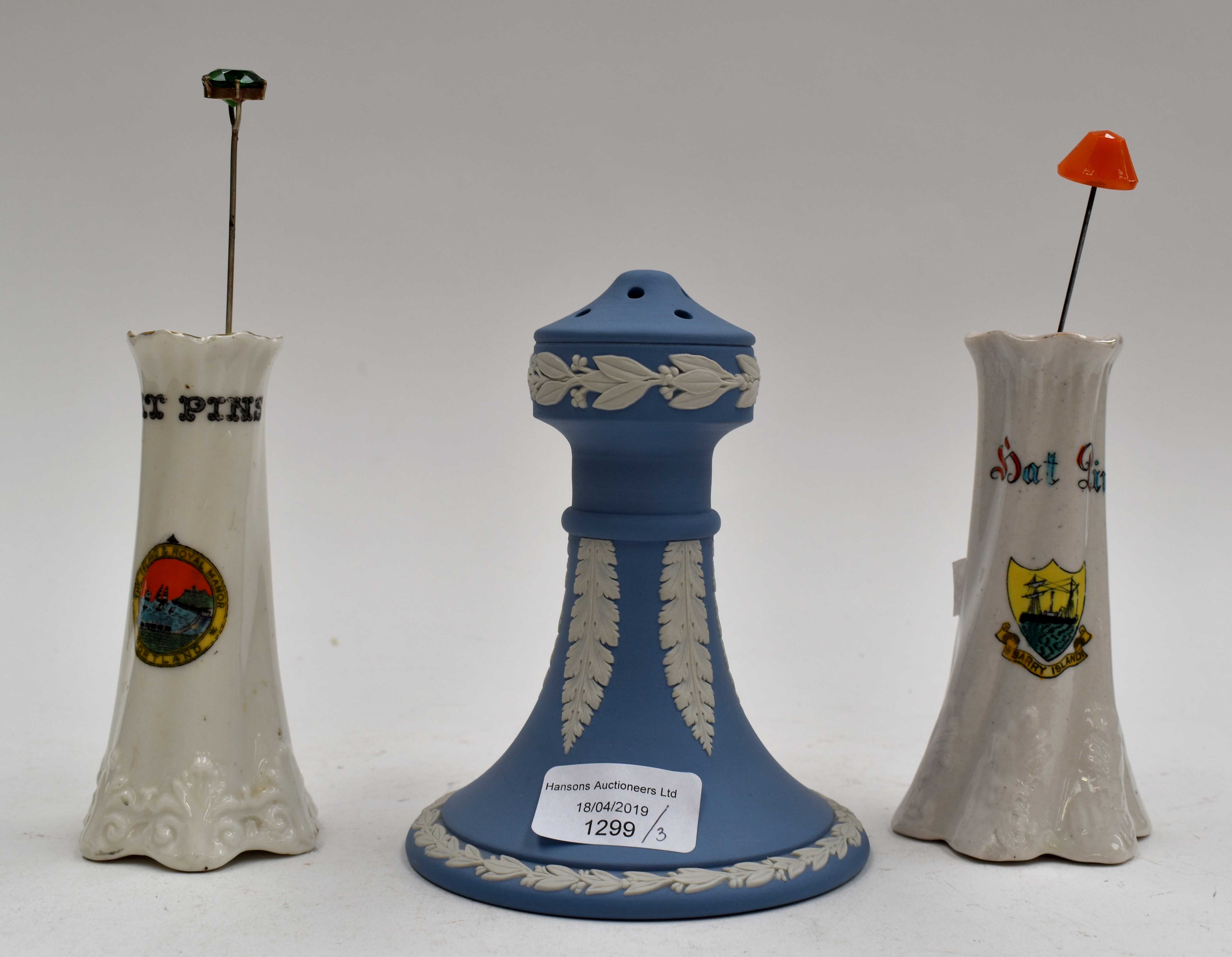 Three hatpin holders, The Island & Royal Manor Portland Arcadian ware - Barry Island,