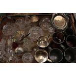 Two box of assorted glass ware including vases, covered dishes, pewter tankards, silver plated ware,