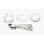 Five silver tea spoons, Sheffield 1925, and three silver Birmingham napkin rings, 3.