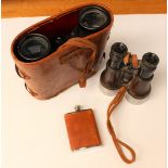 Two pairs of binoculars one with leather carrying case along with hip flask A/F