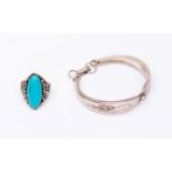 Silver and blue stone ring along with a silver coloured bracelet