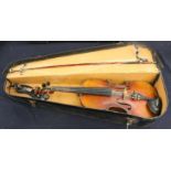 A cased violin and bow, A/F, no label, well used,