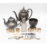 EPNS water jug and bowl, six napkin rings, a silver spoon,
