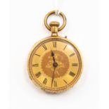 A ladies 18ct gold fob watch, gold tone dial with foliate decoration, Roman numerals,