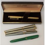 A gold plated Sheaffer fountain pen, 14 k nib; a German Pluma fountain pen with a plated nub,