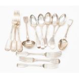 A collection of 19th Century silver fiddle pattern flatware including; 4 table forks,