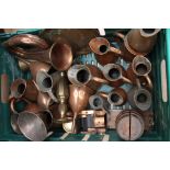 Collection of brass and copper wares, measuring jugs,