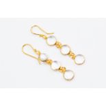 A pair of moonstone and 14 ct gold drop earrings,