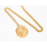 A 1910 Sovereign mounted necklace, 9ct gold mount and chain, total gross weight approx 15.