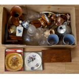 A collection of assorted glass ware, ceramics, metal ware, Victorian decanter and matching glasses,