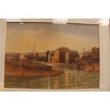 British School, 20th Century, landscape with warehouses and boat yard, watercolour,