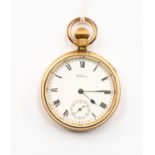 A Waltham gold plated pocket watch, case diameter approx 50mm, enamel dial, numerals,