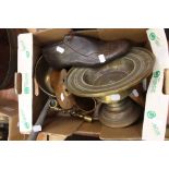 Assorted brass and copper with wooden shoe lasts and a metal shoe last