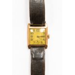 An Art Deco gold plated gents wristwatch, square dial, numbers and subsidiary dial,