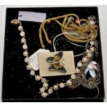 A Jon Richard box of silver and costume jewellery including butterfly brooch