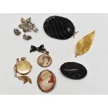 Victorian and Edwardian brooches inc mourning bow together with a 9 ct gold chain and locket (front