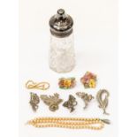 A sugar castor, London 1933 together with a collection of costume jewellery,