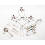 Silver plated epergne stand minus flutes, spoons, teaspoons, sugar tongs,