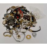 Collection of costume jewellery including white and yellow metal items and includes watches