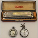 Hohner Harmonica cased along with two pocket watches A/F