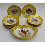 19th Century dessert set, yellow ground, with transfer and hand painted birds of paradise, dishes,