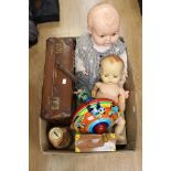 Pedigree doll, Kader doll, hand puppet and Chad Valley spinning top,