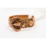 A 9ct rose gold belt buckle ring, foliate pattern, size P,