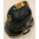 Dutch Fire Brigade Helmet. Black leather with brass trim and badge.
