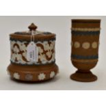 Royal Doulton Silicon pattern, applied white and blue design, tobacco jar, vase/spills jar,