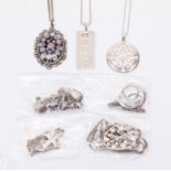 A collection of assorted silver jewellery including; ingot pendant and chain,