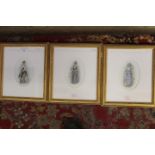 Set of three framed hand painted porcelain plaques depicting females in period gowns