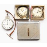Chrome plated 20th Century pocket watches and chain/leather straps Ingerson (2) and a Waltham