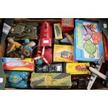 Box of assorted toys and games including GAMA tinplate tank,