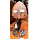 Art Nouveau domed glass table lamp upon a foliate design wrought iron base