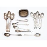 Group of silver teaspoons and tongs,