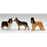 Three Beswick dogs; German Shepherd, Rough Collie,