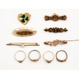 A collection of mixed jewellery items including Victorian 9ct gold and gilt metal brooches