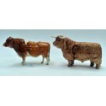 Beswick Highland bull and Guernsey bull