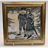 A Wedgwood blue and white month tile, February, depicting a young courting couple, framed,