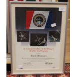 A commemorative Phase 1 Shuttle Mir flag, flag flown into space, framed,
